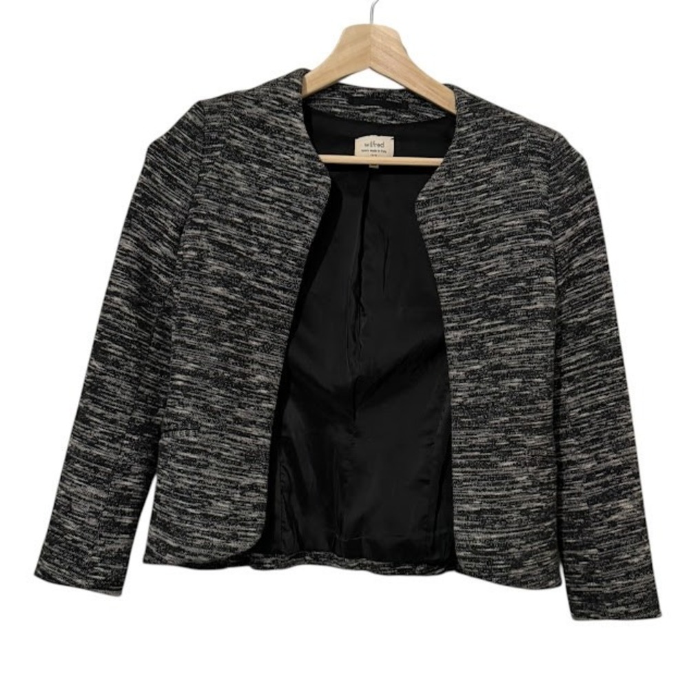 Aritzia Wilfred Black White Heather Equis Wool Blend Open Front Cropped Blazer 0